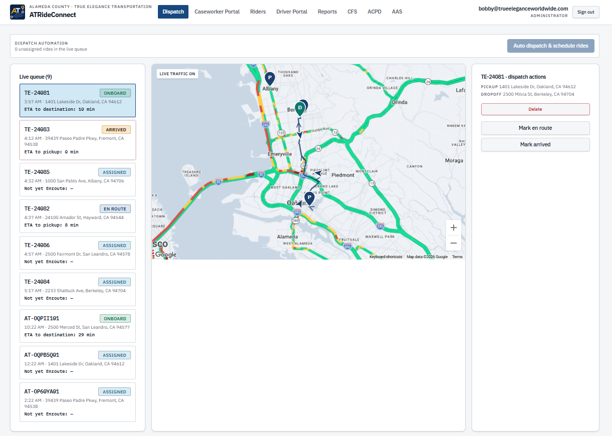 Dispatch screen showing a live ride queue with trip statuses beside a map of the East Bay with vehicle and pickup markers