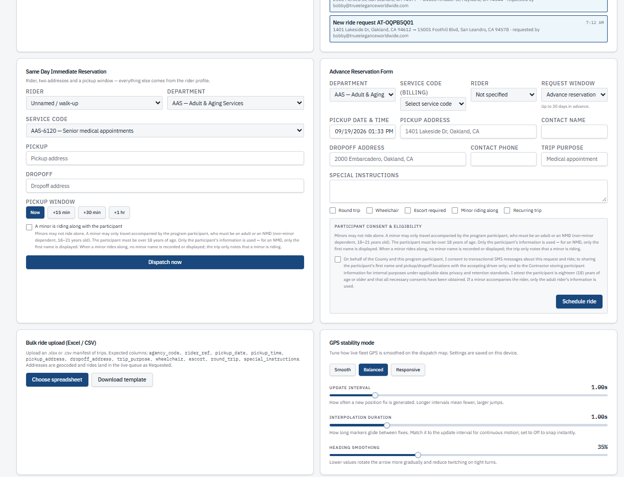 Booking screens showing a same-day reservation form, an advance reservation form with consent checkboxes, and a bulk spreadsheet upload panel