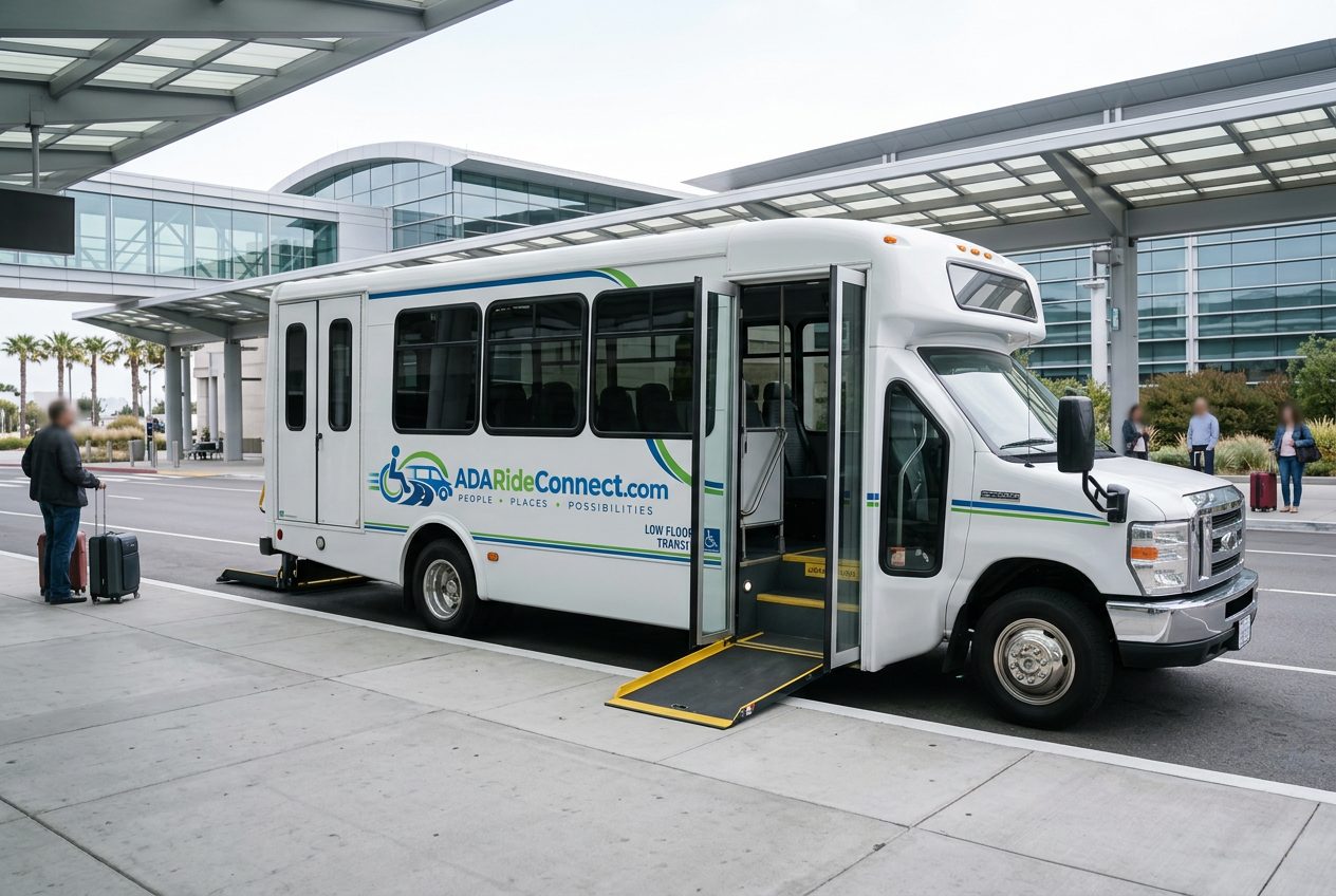 White ADA RideConnect wheelchair accessible bus with ramp deployed for transportation to Oakland International Airport (OAK)