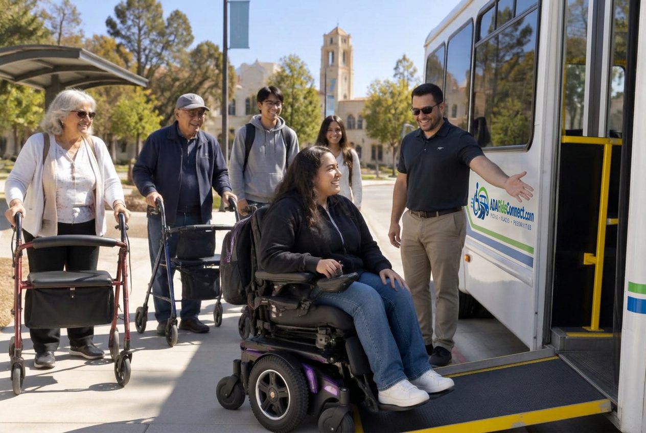 A mixed group of passengers, including a young woman using a power wheelchair and older adults with walkers, boarding an accessible shuttle at a campus stop