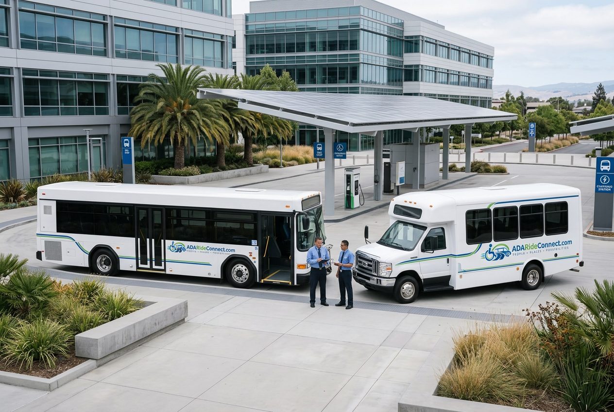 White ADA RideConnect accessible transit bus fleet ready for recurring Bay Area transportation programs