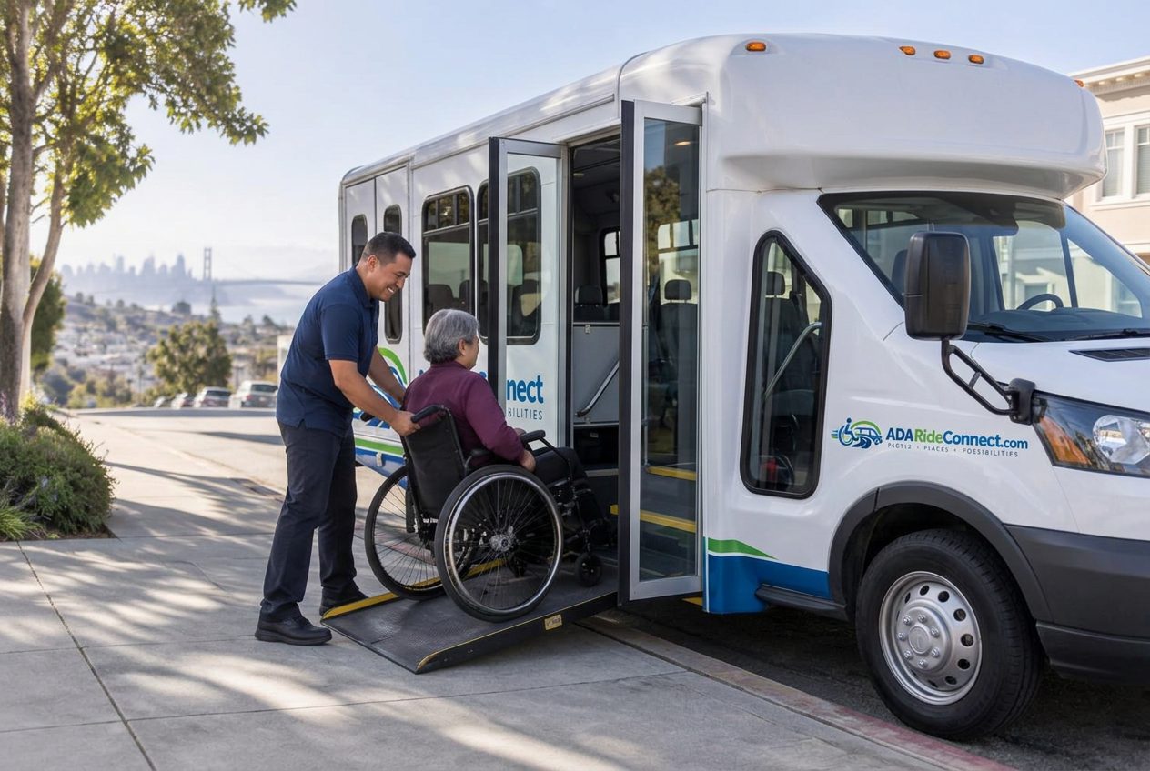 White ADA RideConnect wheelchair accessible bus serving passengers in Berkeley, California